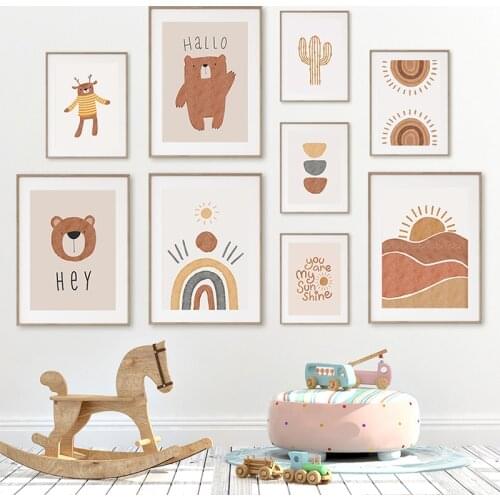 Abstract Landscape Bear Cactus Sun Rainbow BohoWall Art Posters And Prints Canvas Painting Baby Kids Nursery Room Wall Pictures