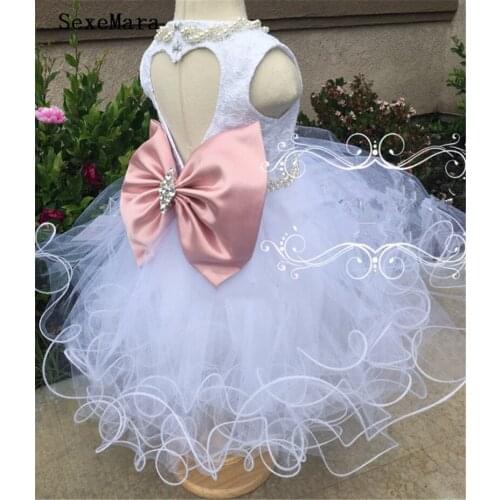 Shiny Beaded Crystal Rhinestone Baby Girl Dresses with Bow Puffy Gown Birthday Christening Dresses