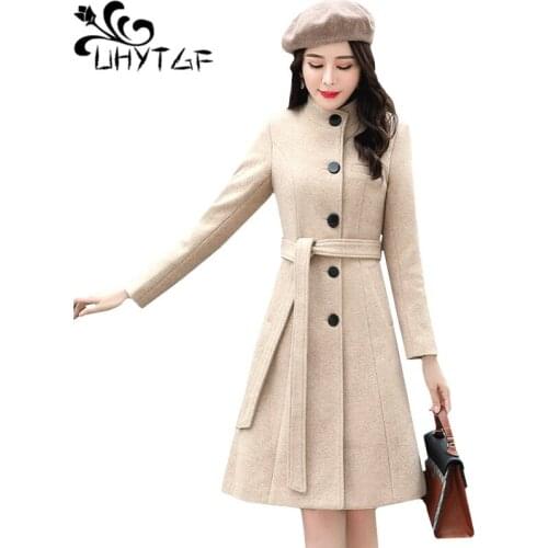 UHYTGF Fashion Casual Winter Wool Jacket Womens Medium Length Slim Elegant Female Outerwear Standing Collar Plus Size Coats 162