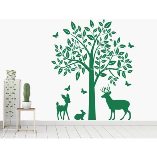 Woodland Animals Tree Wall Sticker butterfly Sika Deer rabbit home decor Kid Room Wallpaper Baby Room Nursery Vinyl Decal ds002