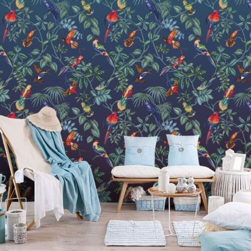 3D Flower and bird forest plant mural Nordic tropical green plant decoration TV background wall living room wallpaper Waterproof