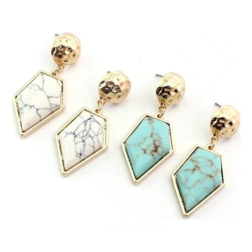 2016 New geometric white green stone inlay Stud earrings gold hammered women earrings