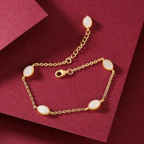 Original S925 Sterling Silver Natural Hetian Jade White Jade Personality Minimalist Elegant All-Match Ladies Diamond Bracelet Br