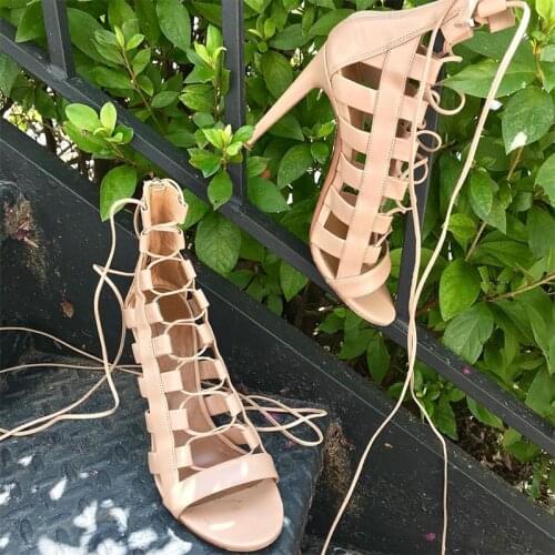 Nude Cross-Tied Stilettos Gladiator Sandals Woman High Thin Heels Lace Up Zipper Ladies Party Shoes Big Size 33 39 Fashion 2019