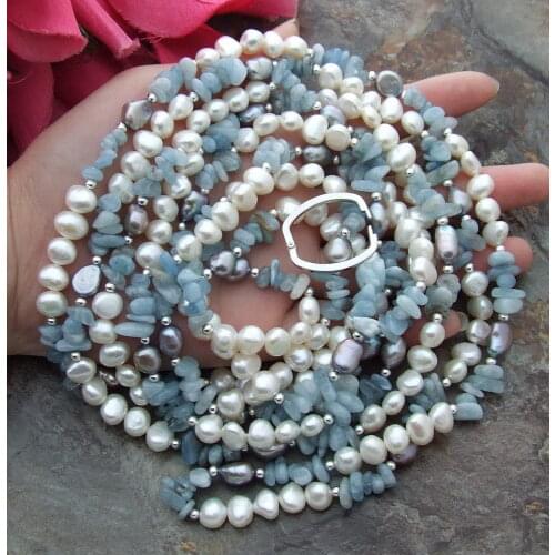 Hand knotted long 236cm blue stone gravel white grey baroque freshwater Pearl necklace sweater chain fashion jewelry