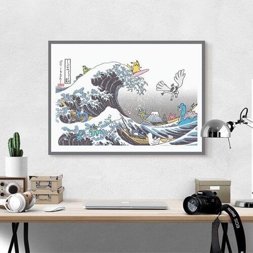 Modern Japanese Manga Pokemon The Great Wave Canvas Painting Posters and Print Wall Art Pictures For Living Room Home Decor