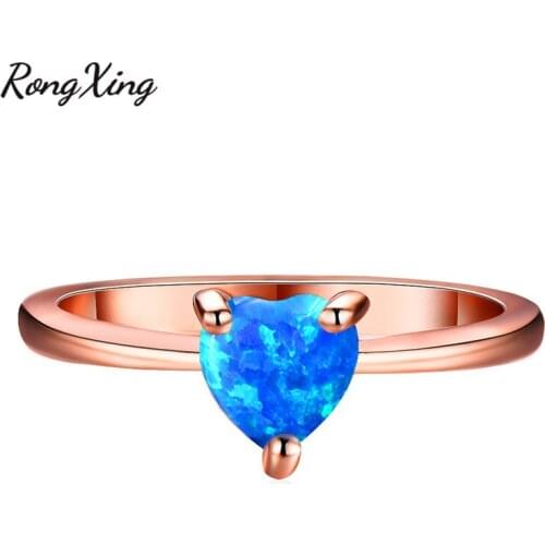 RongXing Chic Blue/Green/White Fire Opal Heart Rings For Women Rose Gold Filled Rainbow Birthstone Ring Minimalist JewelryRR0091