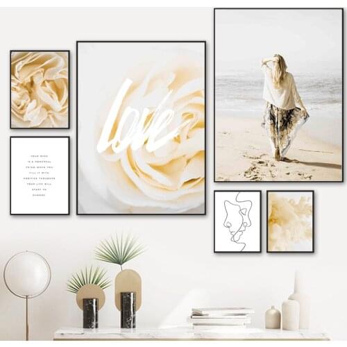 Flower Woman Sandy Beach Line Face Quotes Wall Art Canvas Painting Nordic Posters And Prints Wall Pictures For Living Room Decor