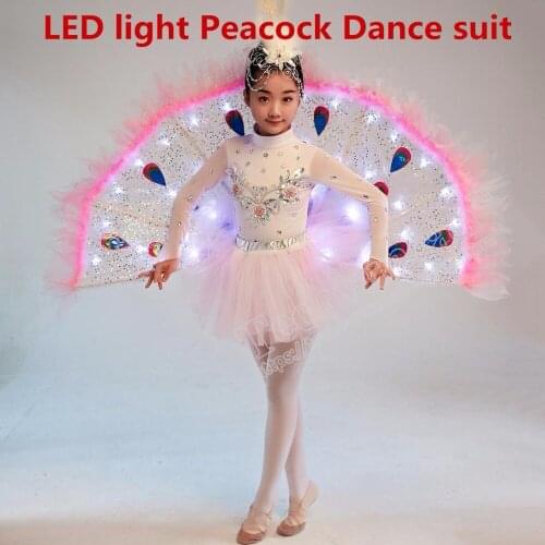LED light up Glowing peacock dance suit Childrens clothes Costume Chinese style Kindergarten performance clothing party dress