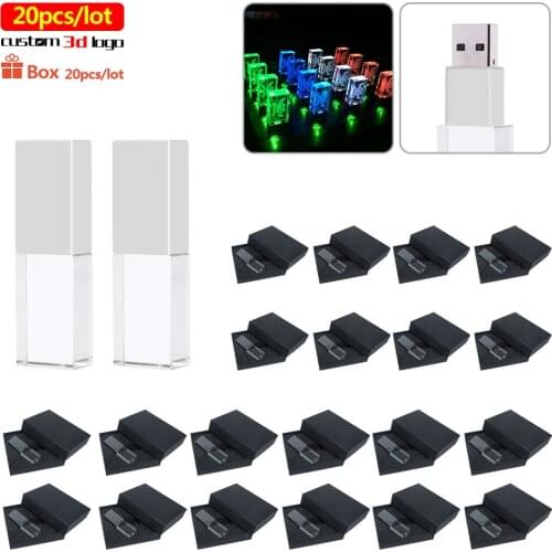 20pcs/lot usb interface Crystal LED light Flash drive pen 64GB 32GB 16GB Flash Drive stick free custom 3d logo For photography
