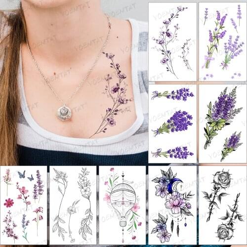Waterproof Temporary Tattoo Sticker Purple Geometric Linear Lavender Shoulder Arm Realistic Body Art Tatoo Woman Man Child Tatto
