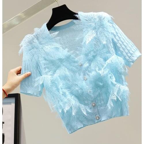 Woman Luxury V-Neck Lace Stitching Knit Cardigan 3D Feather Flowers Sweater Coat Thin Pure Ice Silk Single-breasted Crop Tops