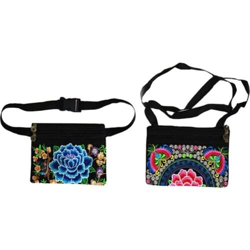 25PCS / LOT New Women Waist Packs Flower Embroidery Bag Double Zipper Long Wallet Clutch Vintage Small Handbag