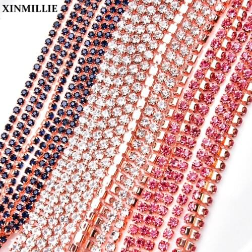 5Yards/Lot Crystal Rhinestone Trim SS6-SS30 Strass In Rose Gold Cupchain Wedding Dress Decoration Bridal Applique Sewing Garment