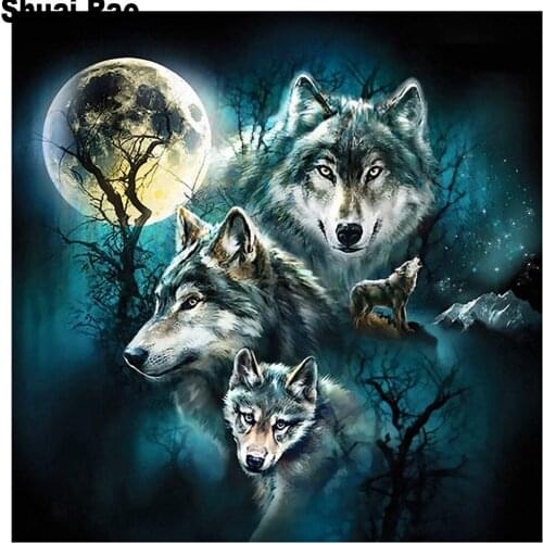 Full drill square Crystal Paintings wolf Diamond Embroidery Full round 5d Diy diamond painting moon animals Diamond Mosaic