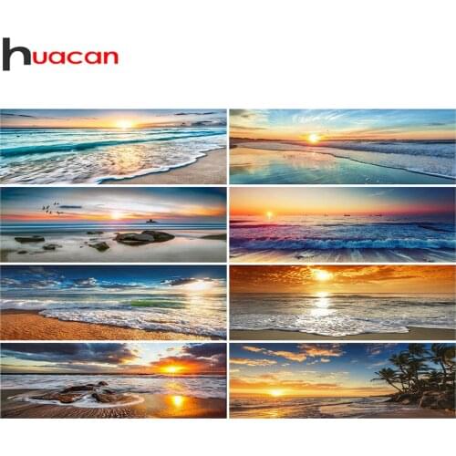 Huacan Diamond Painting Full Drill Sunset Beach Home Decor Mosaic Seaside Embroidery Landscape Wall Stickers