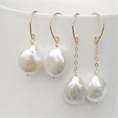 13-14mm White Baroque Pearl Earrings Gold Ear Drop Dangle Accessories Luxury Real Party Classic Fashion AAA Flawless Women