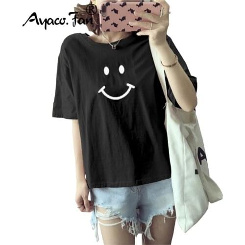 T Shirt Women New t-shirts Women 2019 Summer Vogue Vintage Smile Printed tshirts Cotton Women O-Neck Short Sleeve Loose Tee Tops
