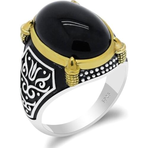 Natural Onyx Ring for Men Women 925 Sterling Silver with Black Stone Finger Jewelry Rings Golden Paw Turkey Design for Male Gift