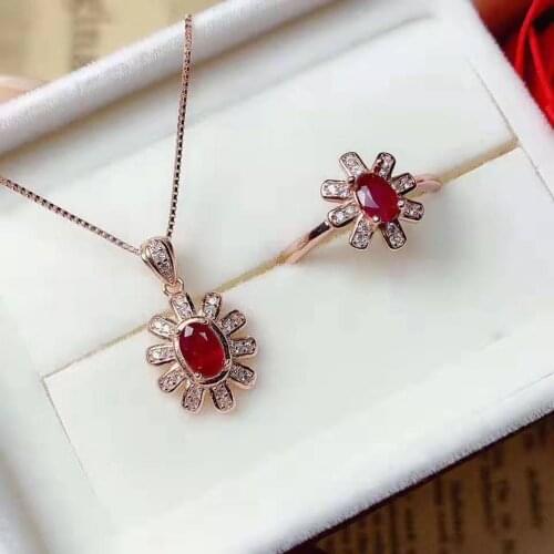 Real 925 Sterling Silver Natural Pigeon Blood Ruby Sunflower Ring Pendant Necklace Set Fashion Fine Jewelry for Women MeibaPJFS