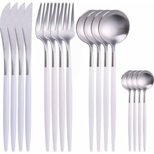 Kitchen Tableware Fork Knife Set Cutlery Set Stainless Steel Dinner Set Spoons and Fork Dinnerware Flatware White Silver Cutlery