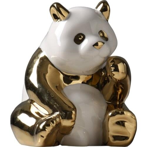 Gold Color Panda Miniature Model For Home Decoration High Quality Handcrafts Ceramic Panda Figurines Living Room Decor Ornament