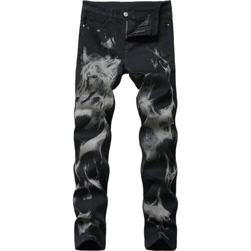 2021 New Fashion Mens Black Slim Fit Jeans Trousers Hip Hop Men Punk Pants Wolf Head Printed Skinny Denim Spodnie Jeansowe Homme