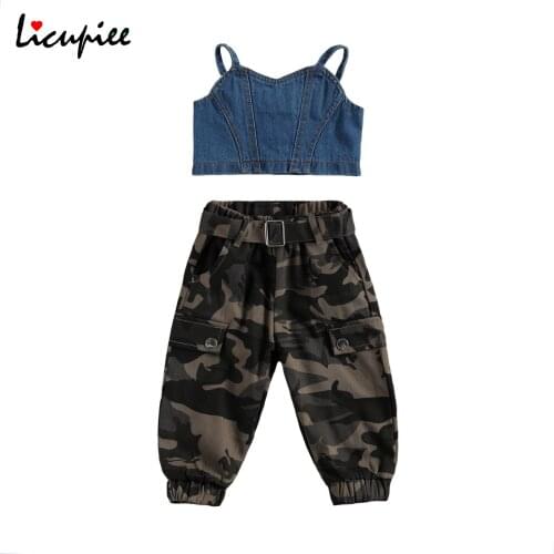 1-6 Years 2pcs Toddler Girl Summer Outfits, Casual Button Down Denim Crop Tank Tops + Camouflage Pants Set