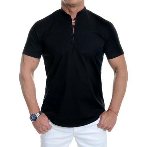 Men Shirt Fashion Casual Solid Color Slim Shirt Summer Short Sleeve Stand Collar Top Stand Collar Button Shirt Summer Shirt