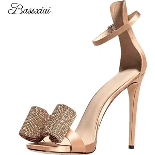 Diamond Butterfly-Knot Gladiator Sandals Women 10cm Thin High Heel Luxury Satin Ankle Strap Summer Sandalias Mujer
