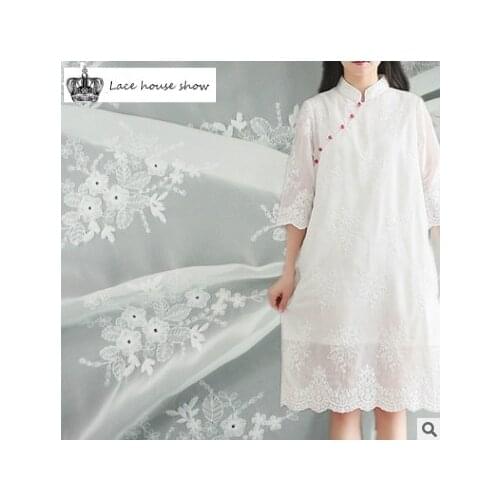 Chiffon polyester corrugated embroidered cloth flowers cotton embroidery lace fashion womens fabric