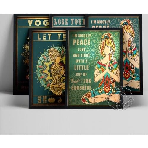 Hippie Girl Yoga Vintage Poster, Bodybuilding Print Art Canvas Painting, Meditation Practice Wall Picture, Gym Studio Home Decor