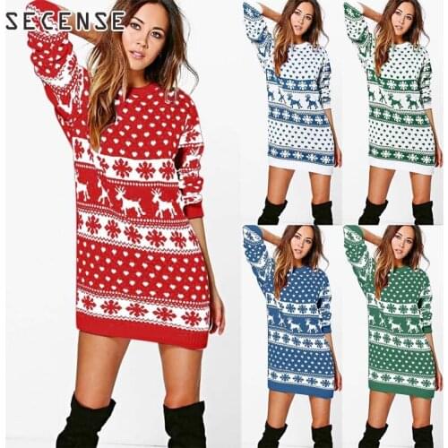 Knitted Dress o Neck Long Sleeve Above Knee Loose Christmas Dress Elegant Sweater Women Clothes SECENSE