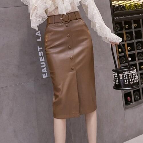 Harajuku PU Leather Pencil Skirts Women High Waist Single-breasted Midi Skirts With Belt Plus Size Black Khaki Skirt jupe femme