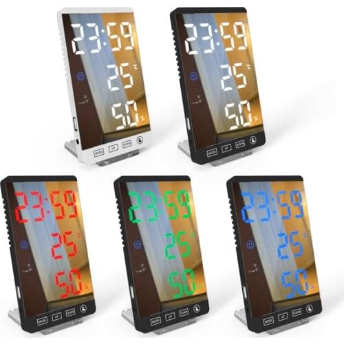 Mirror LED Alarm Clock 6Inch Touch Button Digital Clock Temperature Humidity Display USB Output Port Home Decoration Clock