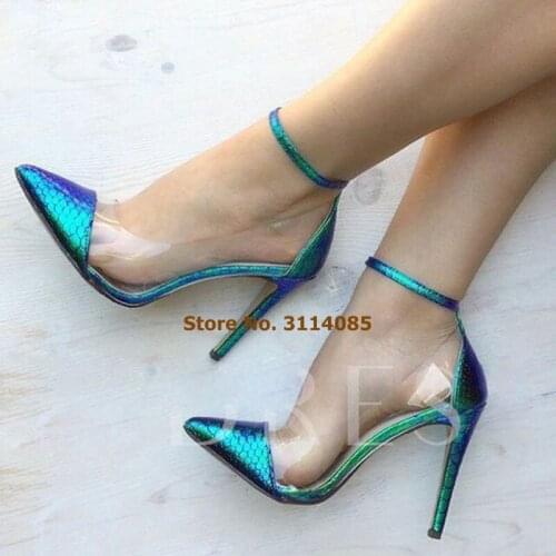 Women Sexy Clear PVC Mixed Color Patchwork Dress Shoes Stiletto Heels Pointed Toe Sation Pumps Green Sankeskin Dress Shoes