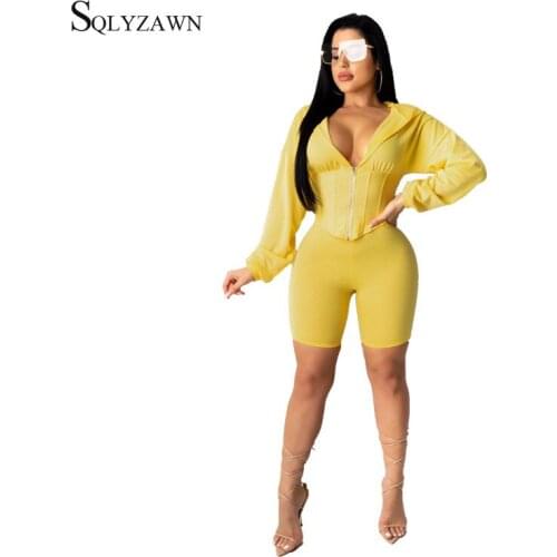 Womens Corset Hooded Jacket Set Bike Shorts Set Women 2pcs Zipper V-neck Crop Coat Tracksuit Autumn Fashion Female Clothes Set