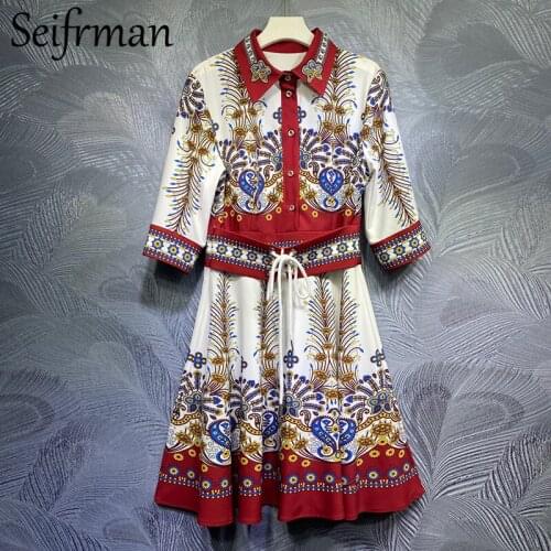 Seifrmann New 2021 Women Summer Fashion Runway Party Midi Dress Half Sleeve Sashes Vintage Print Ladies A-Line Dresses Vestidos