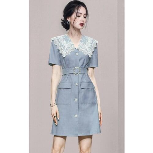 Temperament OL Women 2021 Summer Short Sleeve New Lace Trim V Neck Single-Breasted Patchwork Slim Office Sheath Blazer Dresses