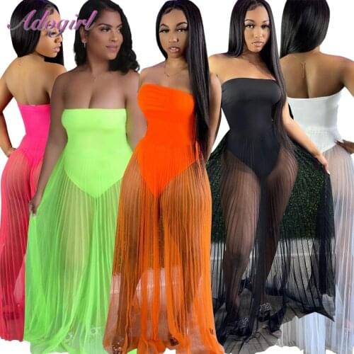Solid Strapless Backless Summer Beach Long Dress Women 2021 Sexy Shher Mesh See Through Outfit Evening Party Club Maxi Dresses