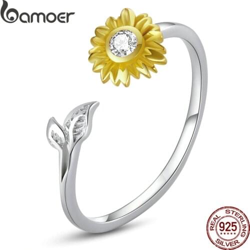 Bamoer 925 Sterling Silver Sunflower Open Ring Crystal Golden Sun Adjustable Ring for Women Engagement Jewelry Anillo BSR213