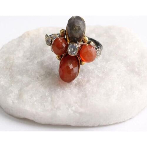 Green Brown and Orange Zircon Gold Plated Womens Silver Ring, Woman 925Silver Zircon Handmade Ring, MultiColor