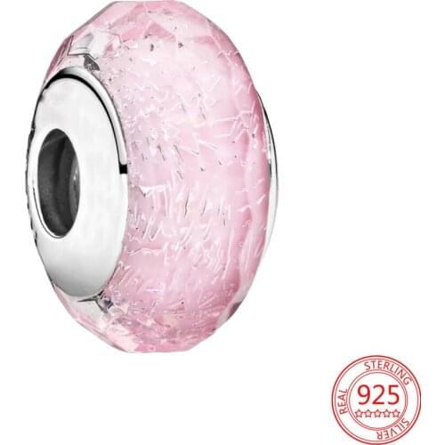 100% 925 Sterling Silver Luxurious Pink Faceted Glass Beads Fit Pandora Diy Bracelet Bangles Women Festival Jewelry Gift Charms