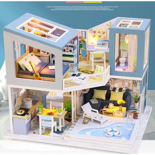 3D Miniature Double Layer Doll House Dust Cover Wooden Dollhouse DIY Doll House Furnitures For Dolls Handmade Toys For Children