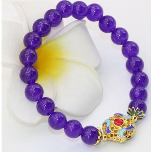 8mm round beads bracelets purple jades stone chalcedony beads original design gold-color cloisonne fashion jewelry 7.5inch B2687