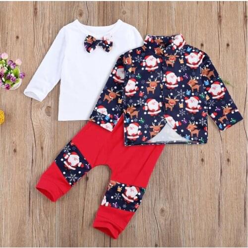 Baby Boys Christmas Clothes Set, Snow Man Patern Button-up Coat + Long Sleeve shirt with Bow-knot Tie +Pants Outfits Christams