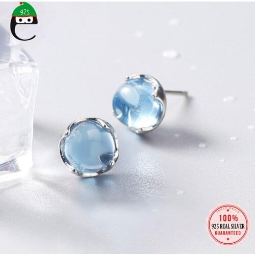 ElfoPlataSi Real 925 Sterling Silver Fashion Mermaid Tears Blue Crystal Stud Earring for Women Valentines Day Jewelry DD371