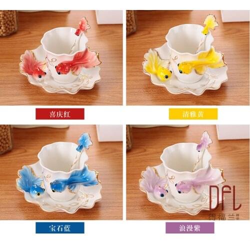 Enamel Coffee Cup Porcelain Cups suit creative wedding present ceramic cup European bone china cup coffee mug Goldfish