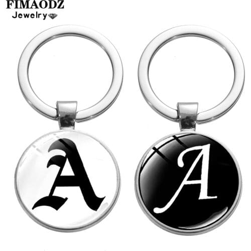 FIMAODZ A-Z Letter Keychain Alphabet Silver Plated Glass Cabochon Pendant M K Fashion Key Chain Ring for Men Women Birthday Gift