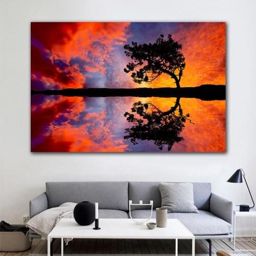 GOODECOR Landscape Wall Art Sunset Lonely Tree Canvas Painting Beautiful Lake Scape HD Picture for Living Room